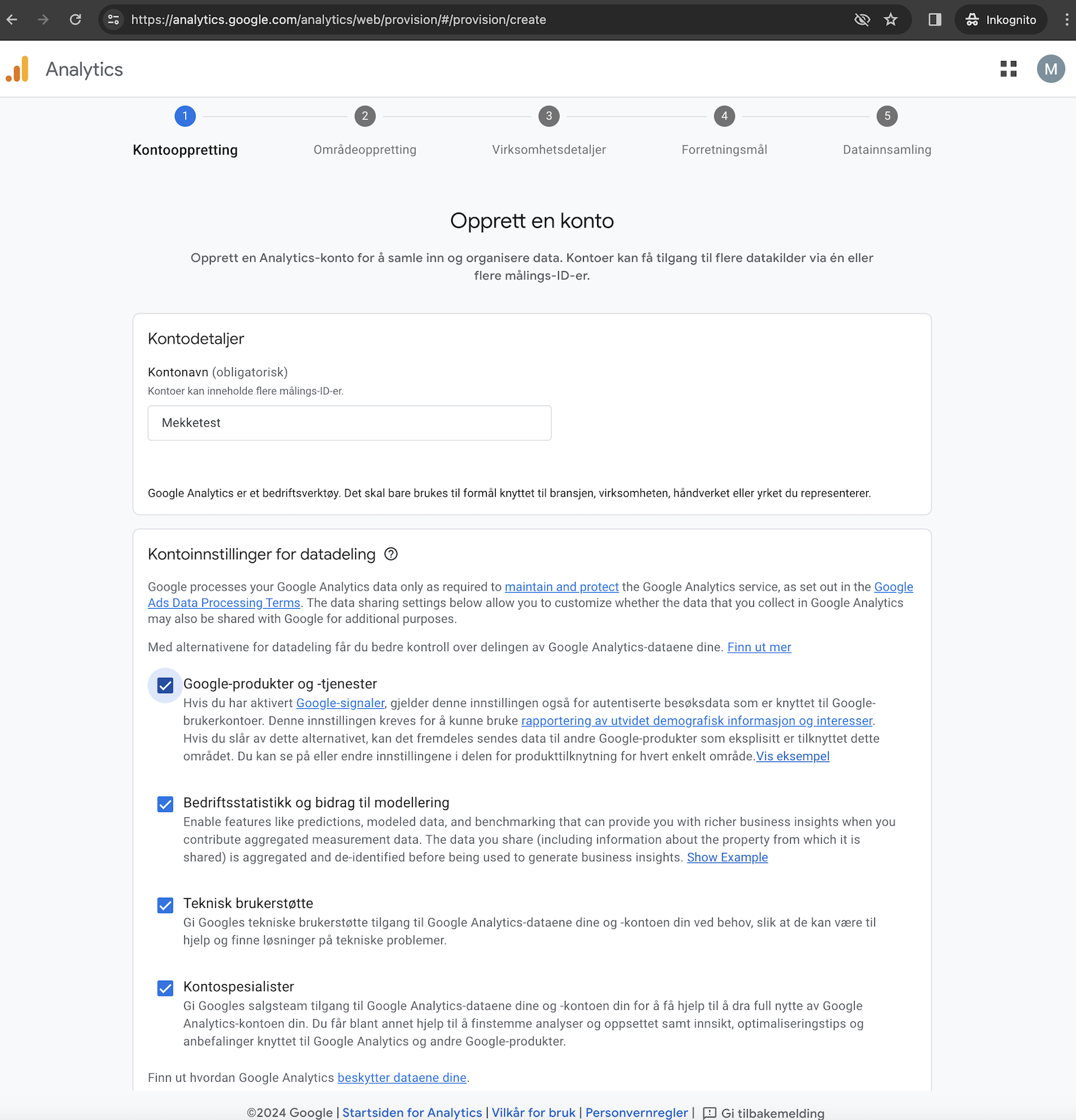 Opprett konto i Google Analytics med kontonavn og innstillinger for datadeling