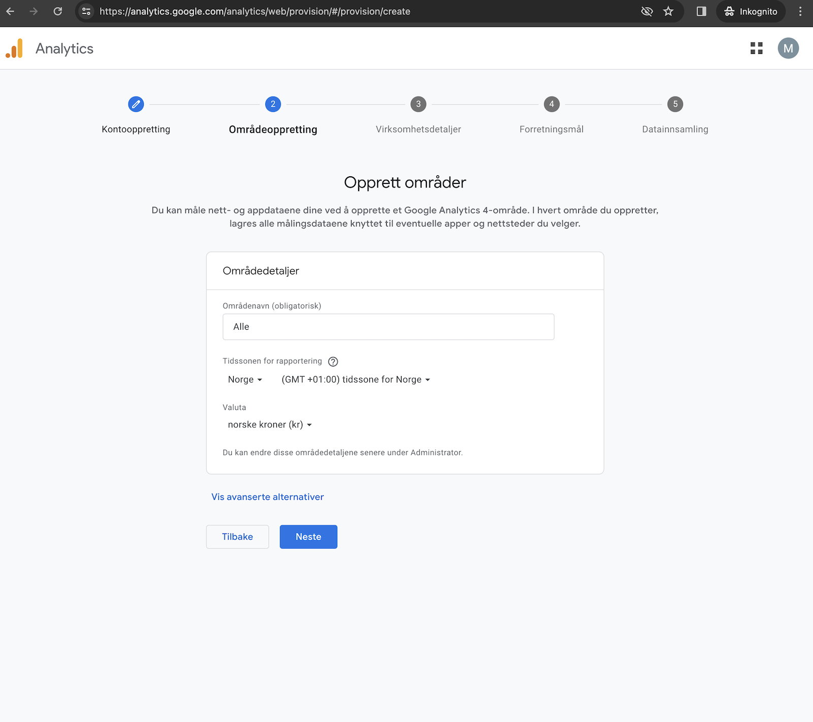 Oppretting av område i Google Analytics med tidssone og valuta