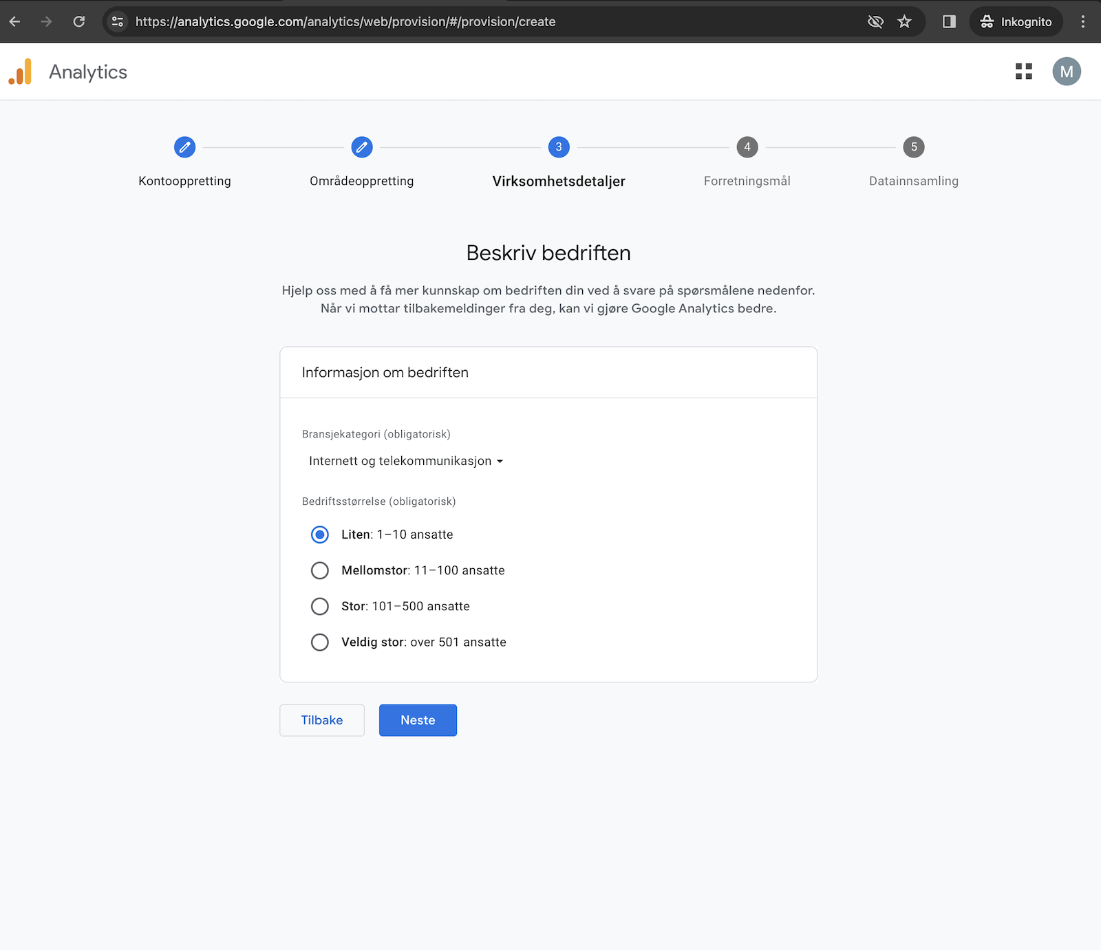 Valg av bransjekategori og bedriftsstørrelse i Google Analytics