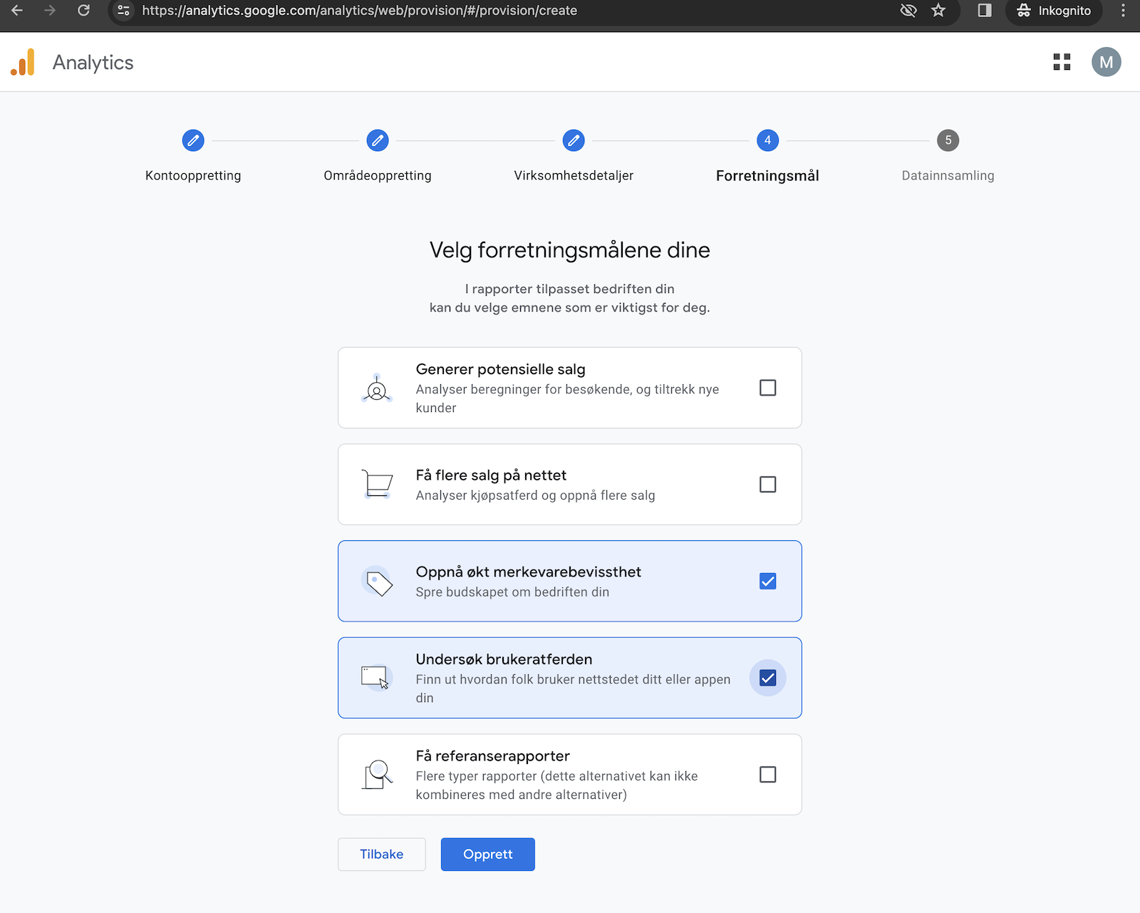Valg av forretningsmål i Google Analytics