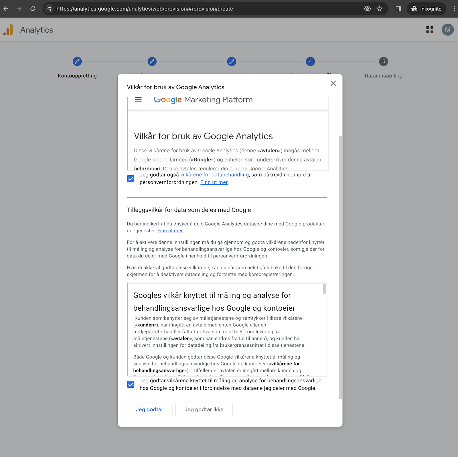 Godkjenning av vilkår i Google Analytics