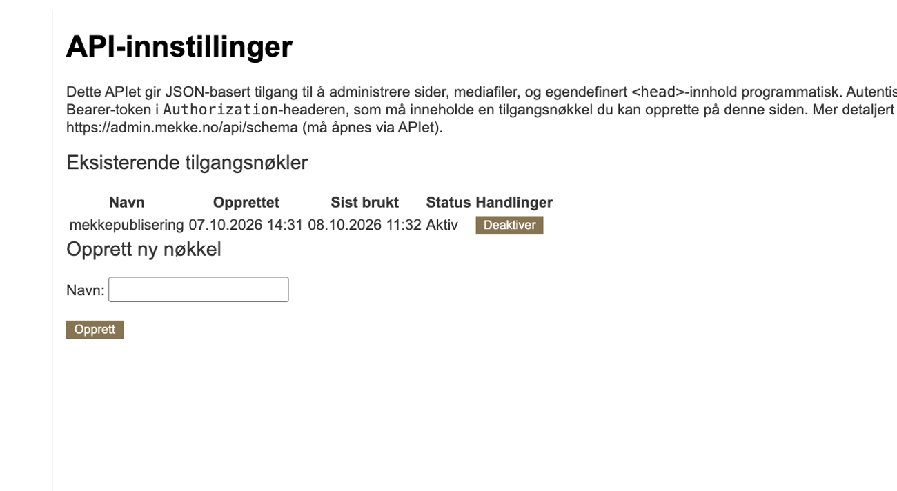 API-innstillinger med liste over tilgangsnøkler og feltet for å opprette ny nøkkel