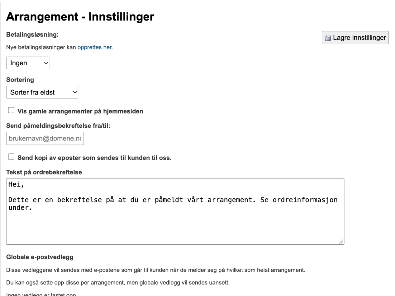 Arrangement – Innstillinger med betalingsløsning, sortering og tekst på ordrebekreftelse