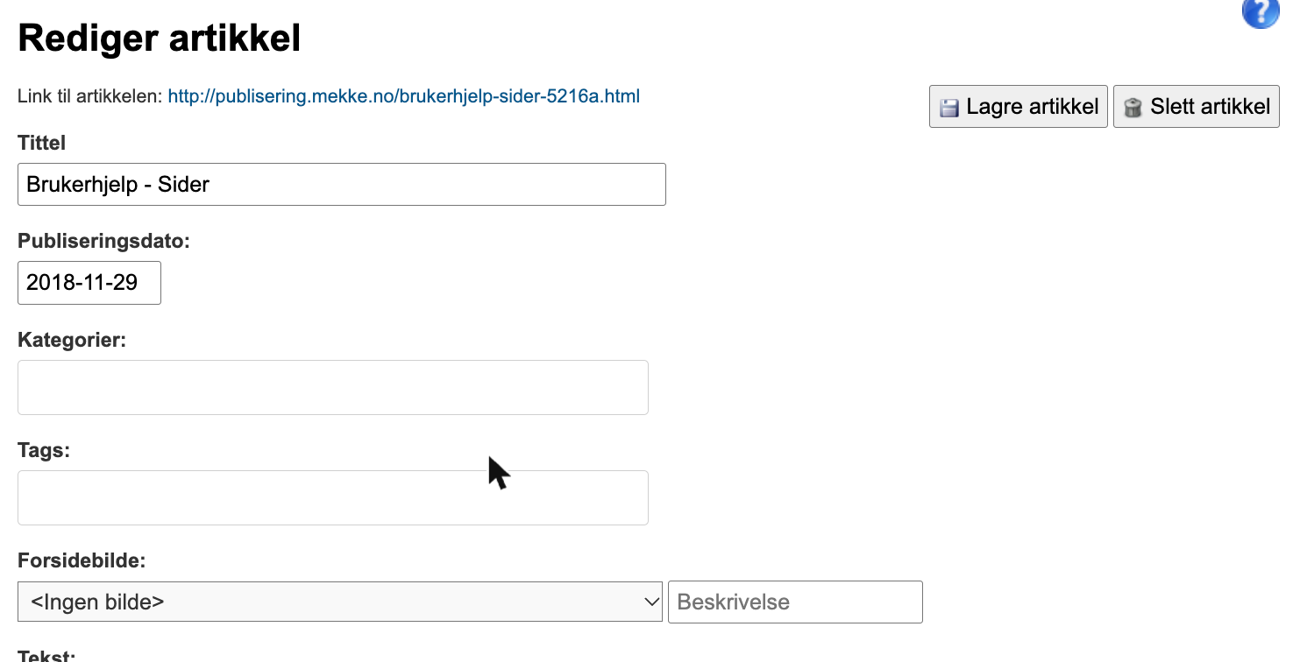 Rediger artikkel med feltene Tittel, Publiseringsdato, Kategorier, Tags og Forsidebilde