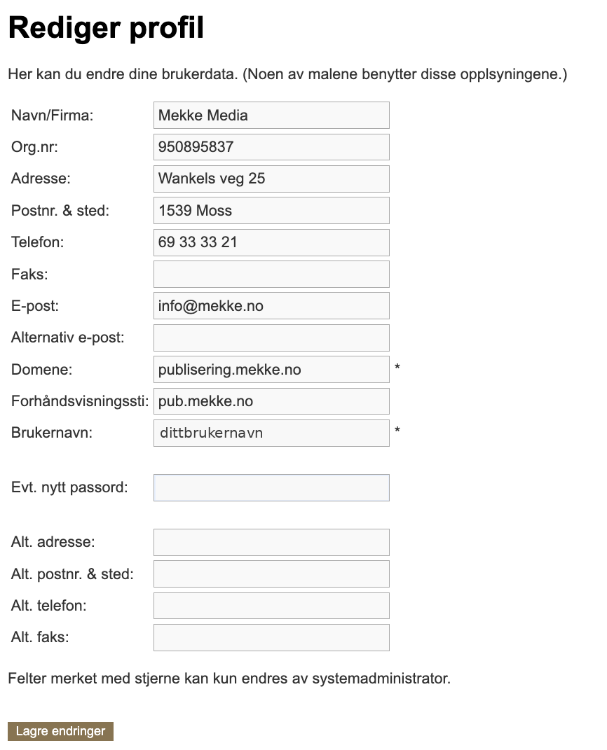 Skjemaet Rediger profil under Innstillinger › Brukerdata med felt for firma, adresse, telefon, e-post og alternative kontaktopplysninger
