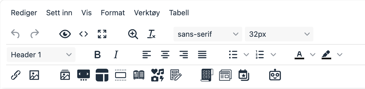 Verktøylinjen i Mekke Publisering med knapper for tekst, bilder, seksjoner, skjema, artikler og AI-assistent