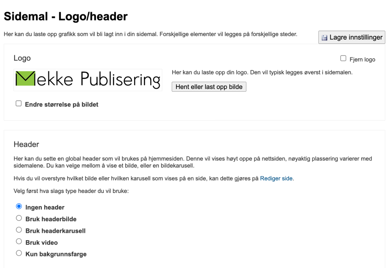 Sidemal – Logo/header med opplasting av logo og valg av type header