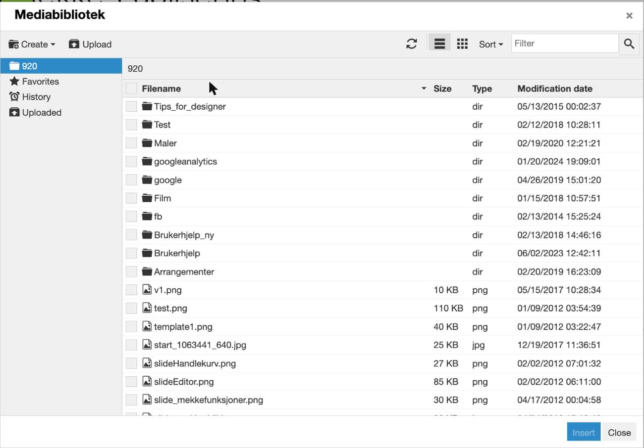 Mediabiblioteket med mapper og filer, knappene Create og Upload og visningsvalg