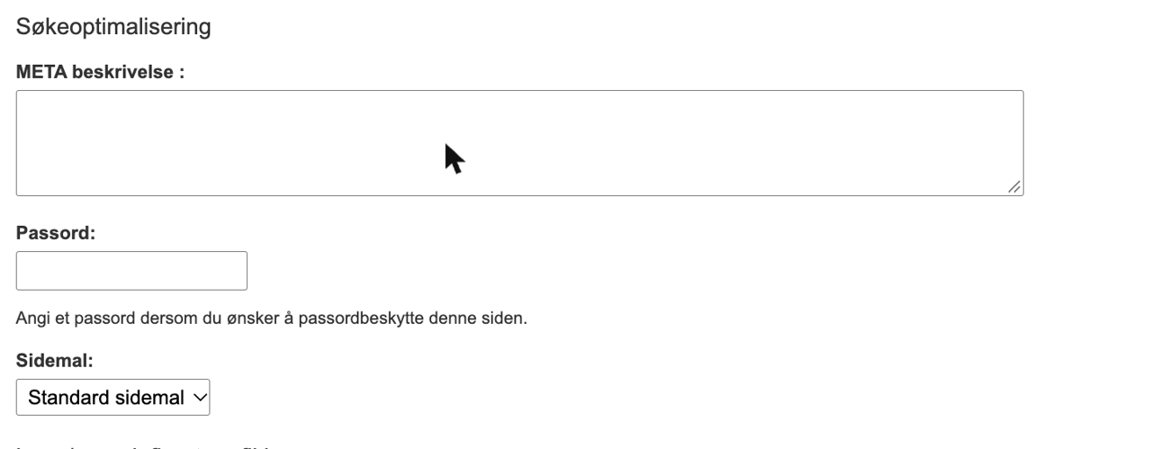 Feltene META beskrivelse, Passord og Sidemal under teksten på en side