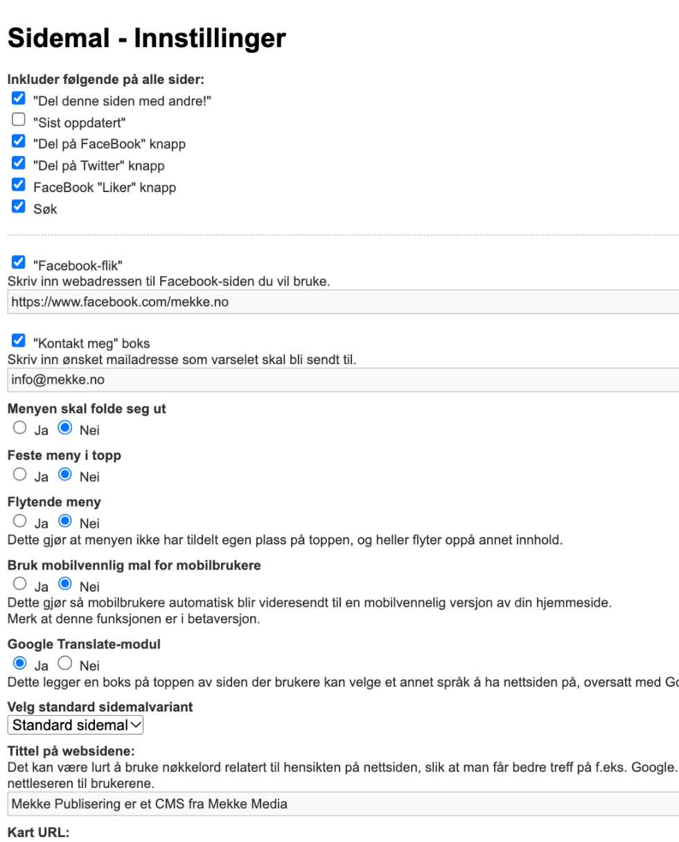 Sidemal – Innstillinger med valg for deling, Facebook-flik, Kontakt meg-boks, meny og Google Translate