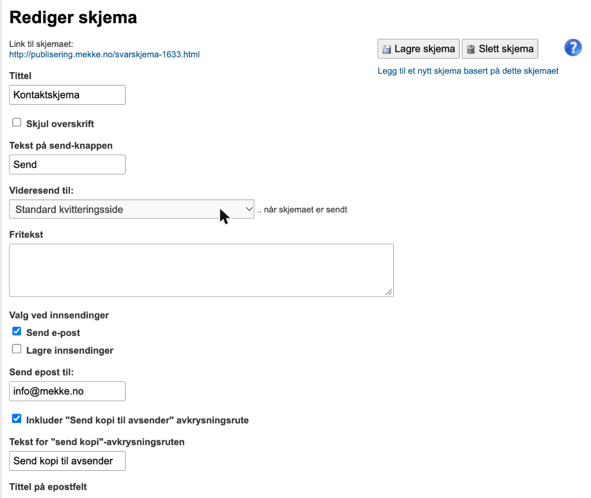 Rediger skjema med tittel, tekst på send-knappen, videresending, e-postmottaker og kopi til avsender