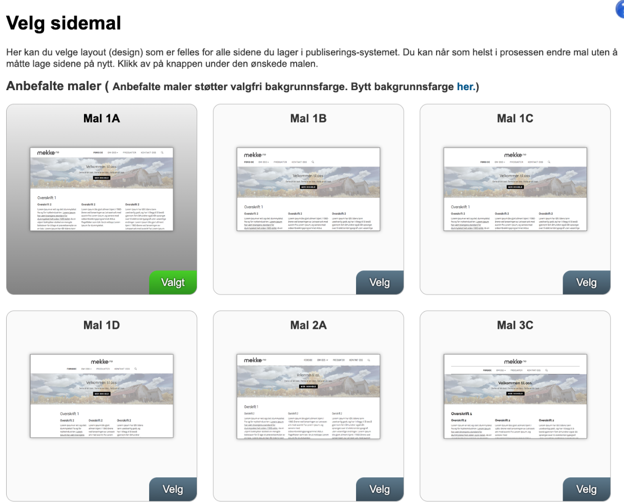 Velg sidemal i Mekke Publisering med anbefalte maler, der Mal 1A er valgt