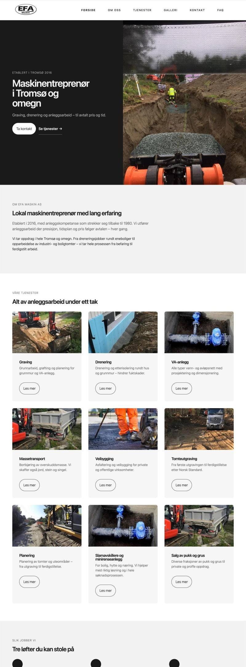 Skjermbilde av nettsiden til EFA Maskin AS, laget av Mekke Media