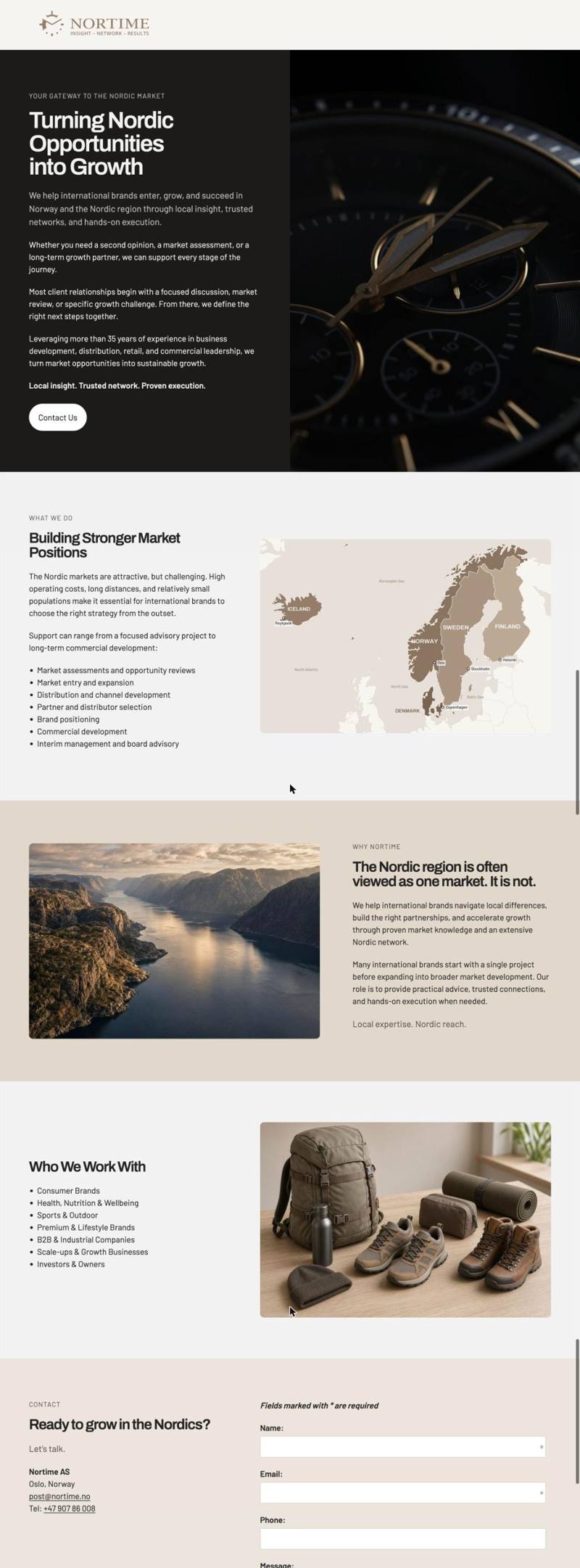Skjermbilde av nettsiden til Nortime AS, laget av Mekke Media