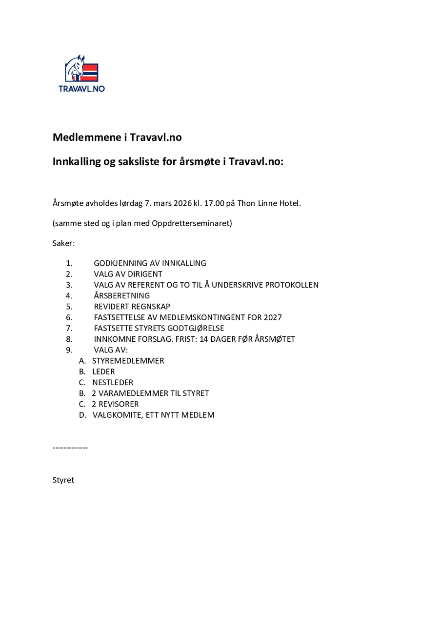 Innkalling til &aring;rsm&oslash;te 2026 i Travavl.no