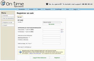 Skjermdump av inkassosystemet On-Time