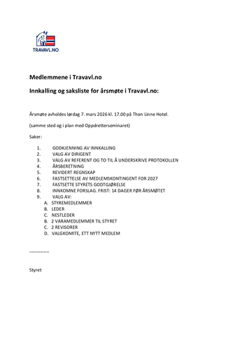 Innkalling til årsmøte 2026 i Travavl.no
