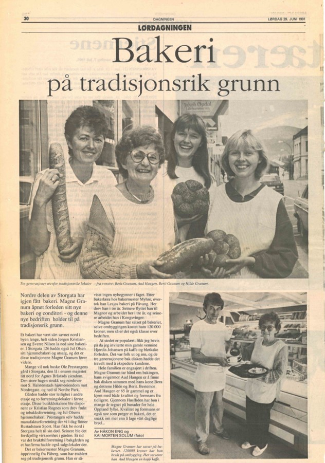 Avisoppslag i Dagningen om åpningen av Granum bakeri