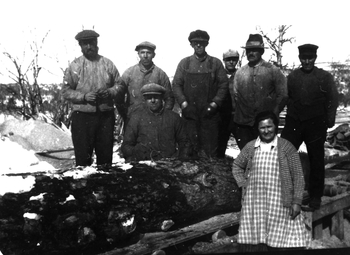 REF-0091 Nerskogen, Rennebu Skogbruk
Frå Røasaga. Nerskogen.
Blant personane på biletet er Hallvard Engelsjord.