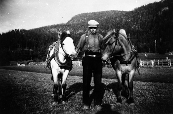 REF-0097 Furuly, Tverdal, Rennebu , ca 1937-38 - hest
Kristian Tverdal med to hestar.  (Jfr. REF-0096-REF-0104)