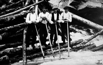 REF-0125   Røshølen, Grindal.  ca 1918-21.
Tømmerfløtarar i elva.
F.v: Martin Resellmo, Einar Damli, Martin Aasmyr, Martin Ryhagen.
