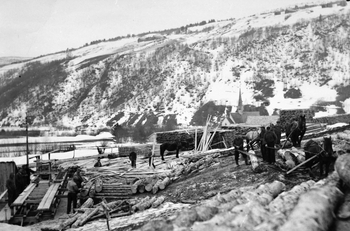 REF-0304 Hårstad Voll Rennebu 1948 - Tømmerdrift/sagbruk nedanfor Nørigard Hårstad.   Sagbruket t.v., slipert og anna materialar bak,
tømmerlunnane t.h. og i bakgrunnen Liabakkane.
Ved saga f.v.: Olaf Krovold, Jon Krovold, Joar
Krovold, ?, Lars Bakk, 0la Holiløkk og Anders 0. VolI .
Ved materialane f .v.: ?,?,Einar Aas.
Ved hestane f.v.: Martin M. Hårstad, Trygve
Lånke, Arnt Lånke, Håkon Hoff og Ola Lien.