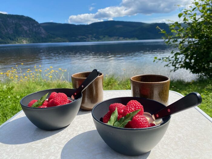 Frokostboller med friske bringebær ved fjorden