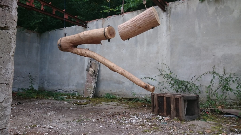 Za natuium/ Til naturimet, Installasjon av Trond Solberg. Hengende svarteik. Veliko Tarnevo, Bulgaria 2015.