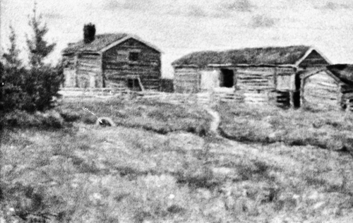 REF-0512 Stølen, Gisnadalen. Dei gamle husa i Stølen slik dei var da Bortstuggu Flå brukte garden til sæter. Karl Johnson kjøpte garden i 1911 og slo seg ned der som bureisar. Bildet er måla av Arne Hårstad etter foto som Karl Johnson  hadde.
