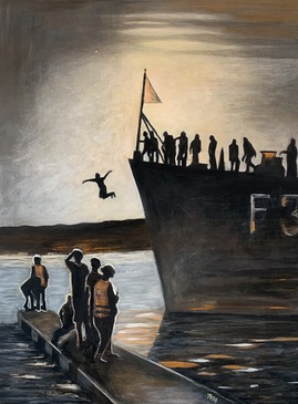 Hopp i havet!
60x80 cm  

Motivet er hentet fra Army Race og KNM Narvik som ligger i Horten. 
Denne dagen kunne man hoppe fra båten til inntekt for kreftforeningen. 