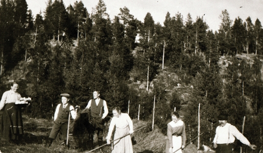 REF-0468 Ilbrua, Nordskogen ca 1930.
Slåttonn. Fv: Karen Flatmo,(kjem med kaffe), Melkior Lid, Halvor Lid, ukjent, Ingeborg Flatmo, Jo(hn) Flatmo. Ved hesje.