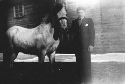 REF-0102   Furuly, Tverdal.  ca 1937/38.
Jon Nybro med 'Blakken'- i søndagspuss.