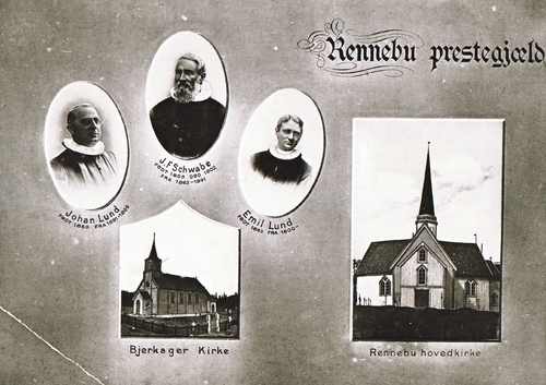REF-426. Rennebu prestegjeld, Kyrkjer/Kirker 1904.
Fotomontasje: Rennebu hovedkirke, Bjerkager kirke (Berkåk)
J . F. Schwabe, Johan Lund og Emil Lund. 