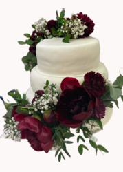 3 etg kake pyntet med levende blomster (innlevert av kunde). 