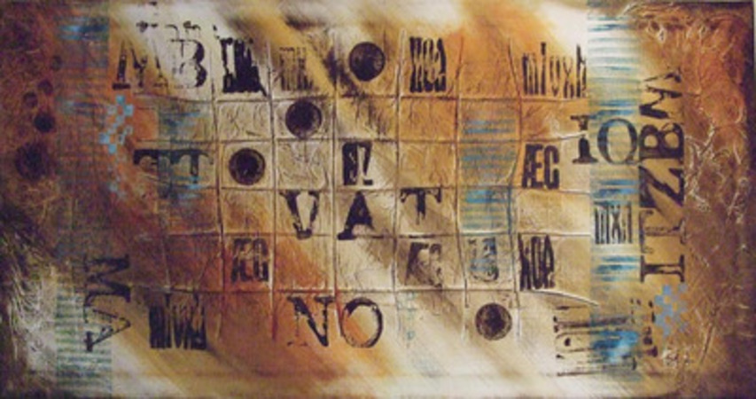 Akryl, letterprinting, tråd, silkepapir