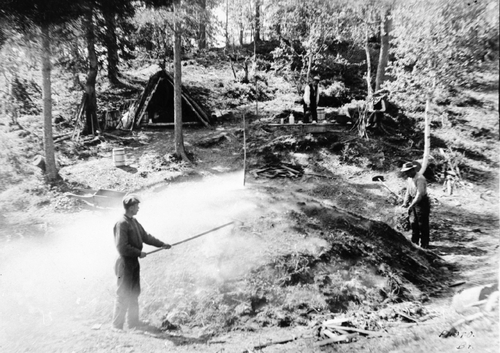 REF-0123 Nordskogen ca 1907 Tjurrubrenning. Anders Ilbro med 'skjøva', Nils Illøkken med torva, Erik Ilbro med kaffekjelen. Guten er ukjent.