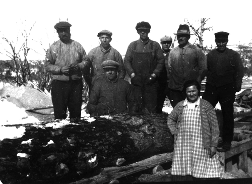 REF-0091 Nerskogen, Rennebu Skogbruk Frå Røasaga. Nerskogen. Blant personane på biletet er Hallvard Engelsjord.