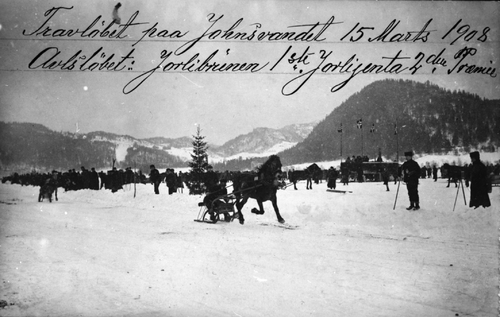 REF-0047 Jonsvatnet 15. mars 1908.
Travløp.
Avlsløpet: 1.premie Jorlibrunen. 2.premie Jorlijenta.