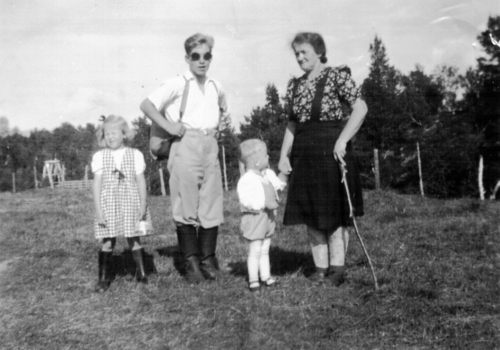 REF-0783 Hovengsætra i Ilbogen. ca 1951. 'Hemfælk-besøk'. Oddny (Voll) Grøtte, Ola Voll, Erik Voll, Randi Voll.