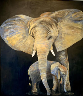Elefanter Akryl på plate m ramme
           50x70cm 8000.-
