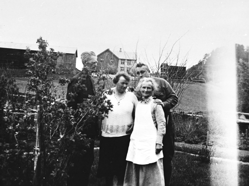 REF-0330 Voll gnr 20/4   ca 1935.
Ola og Sofie Rikstad (til venstre og foran) med to ukjente besøkende.
Nørgard Hårstad i bakgrunnen.