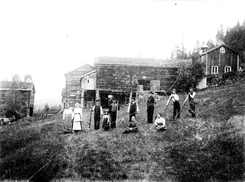 REF-0016    Jorlia, Grindal  ca 1903.

Jorlia sett fra sør,

elleve personer med river og ljåer