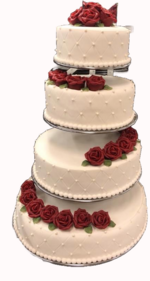 4 etg kake pyntet med stadnard røde marsipanroser. Diamantmønster og perler på sidene.