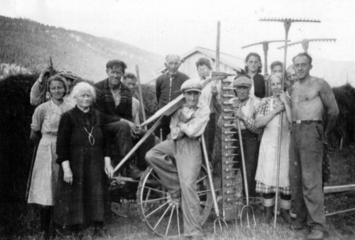 REF-0785 Lundaløkkja 1948. Onnadugnad. Fv: Olina Rogogjerd, Henrik Damli, Anne Slåtmyren, Torger Haugen, Ola O. Aas, Ola Øien, Arnt Damli, Ola O. Aas jr, Knut Rogogjerd, Sigrid Jerpstad, Olav Rogogjerd, Karen Rogogjerd, Anders Lund, Harald Rogogjerd.
