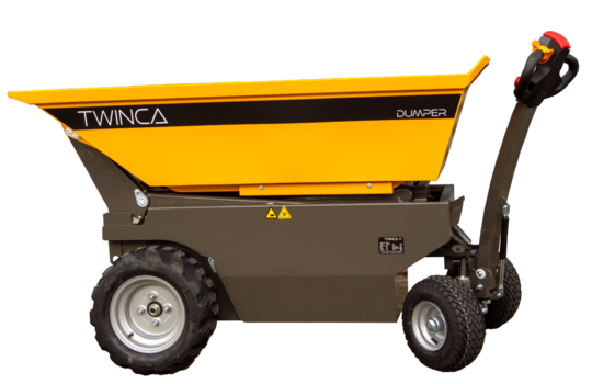 Twinca ES 800 elektrisk søpletralle / minidumper Vekt 488 kg ( egenvekt) Bredde 865mm, Høyde 1053mm, Lengde 2063mm Lastekapasitet 800 kg Strømbehov ved lading er 1 fas / 230 volt