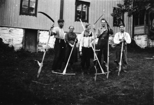 REF-0243   Grindal.
Slåttafolk. F.v. Ingvald Nordbø, ukjent, ukjent, Marit Tverdal, Jon Steigendal, Ragnvald Myren.