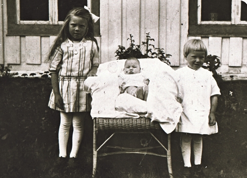 REF-0386 Gunnes 1930.
Tre søsken Skjerve framom stuggu på Jærom (Gunnes).
F.v. Ingeborg (d. 1941 i poliomyelitt), Arnt, Inger.